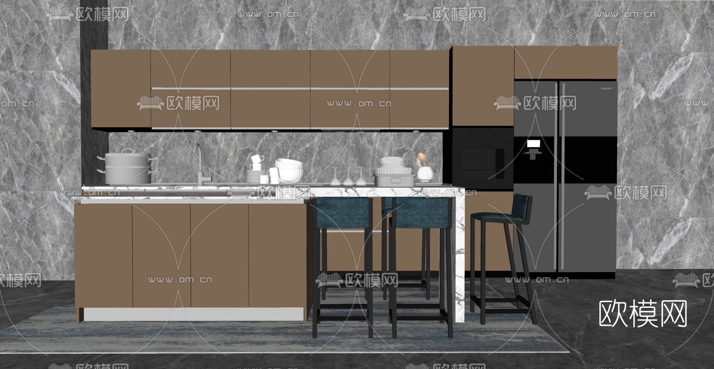 现代厨房橱柜su模型下载