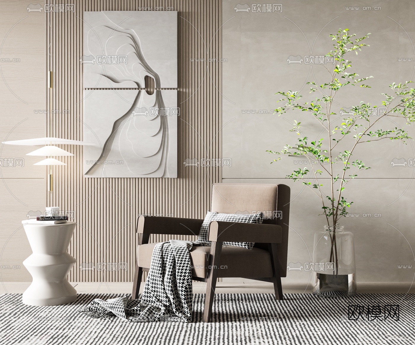 现代布艺单人沙发边几3d模型下载