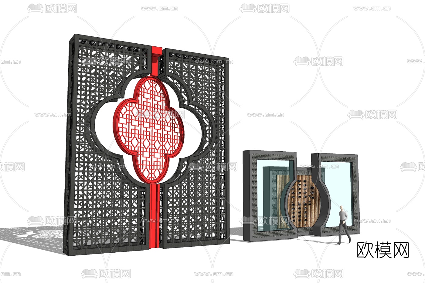 新中式景观墙免费su模型下载
