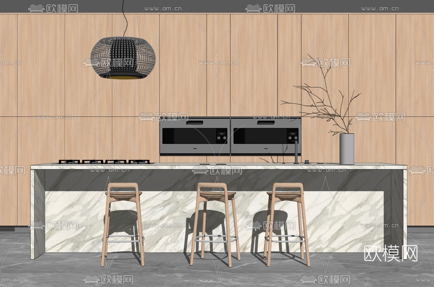 现代厨房大理石吧台su模型