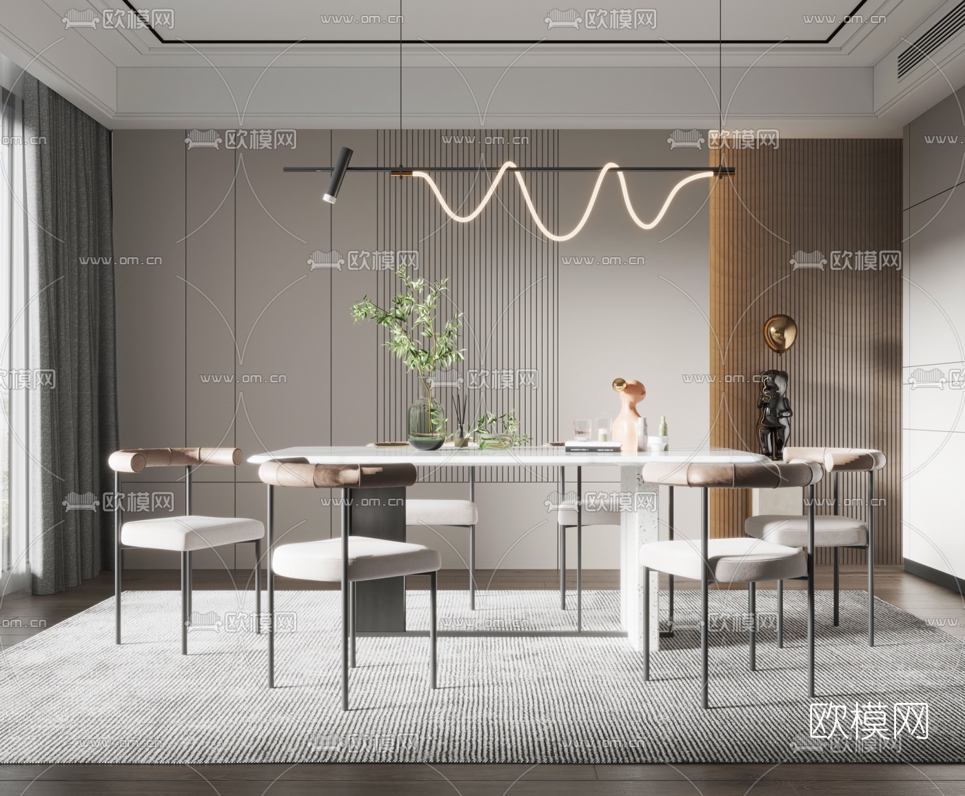 现代大理石条形餐桌椅3d模型下载