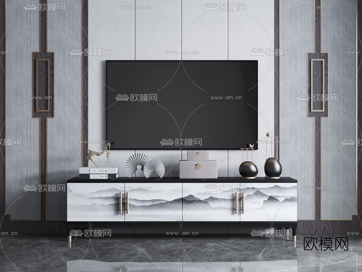 新中式水墨画电视柜3d模型下载