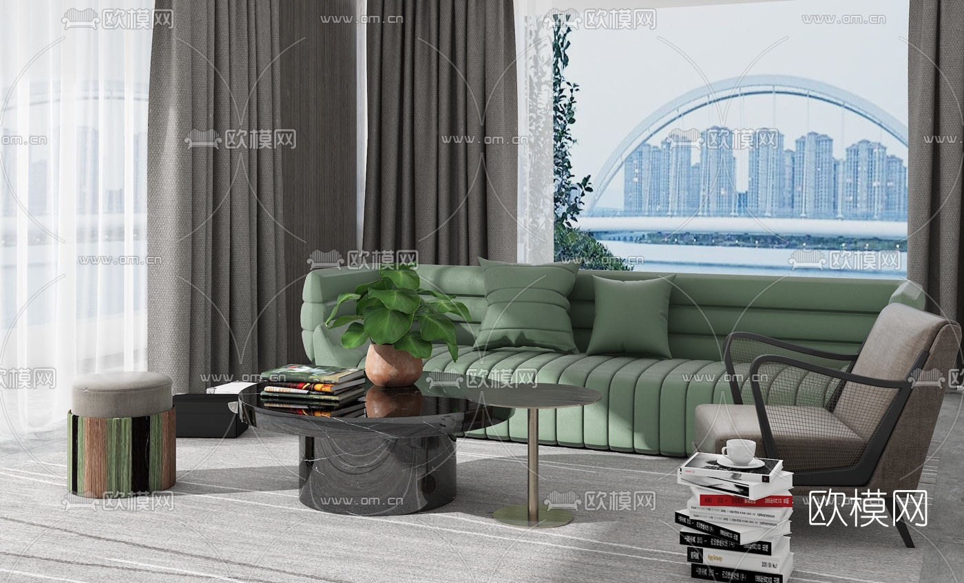 璞辉设计 现代皮革沙发组合3d模型下载