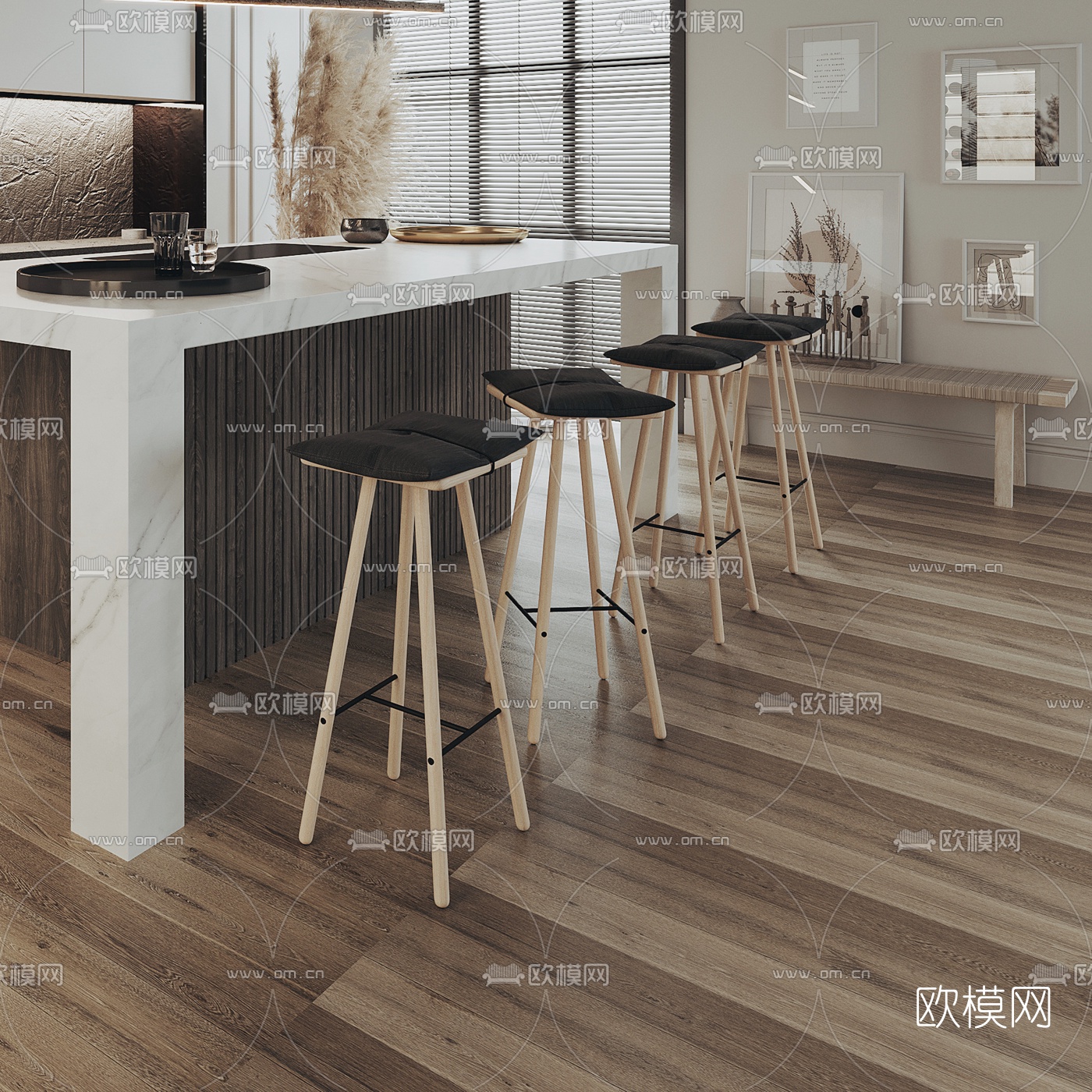 现代开放式厨房中岛柜吧台3d模型下载（渲染图4）