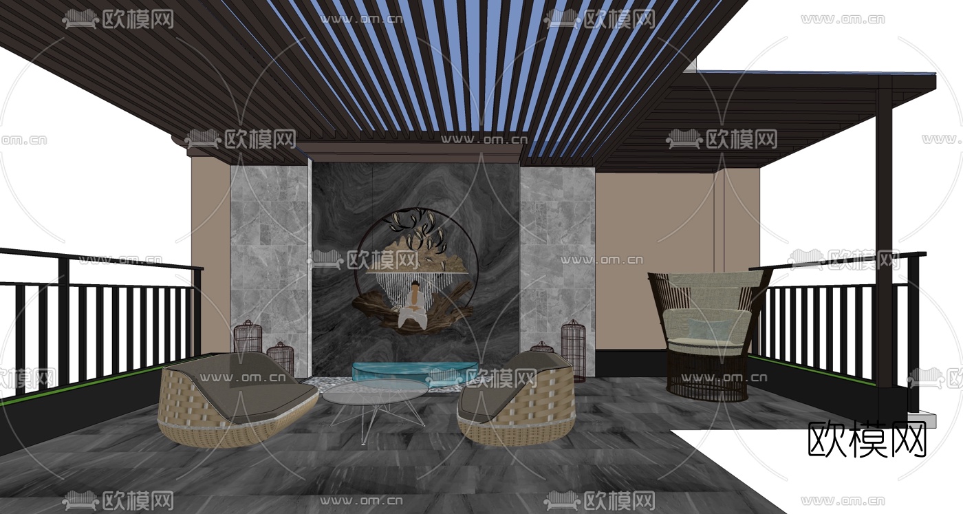 新中式休闲阳台su模型下载