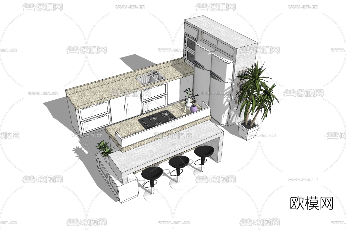 现代橱柜免费su模型下载