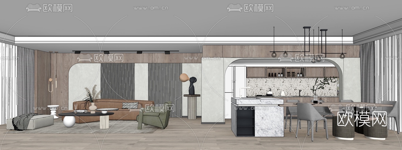 现代客厅餐厅su模型