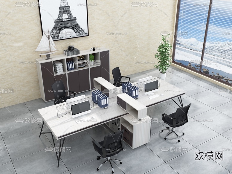 现代屏风卡位办公桌椅3d模型下载(渲染图8)