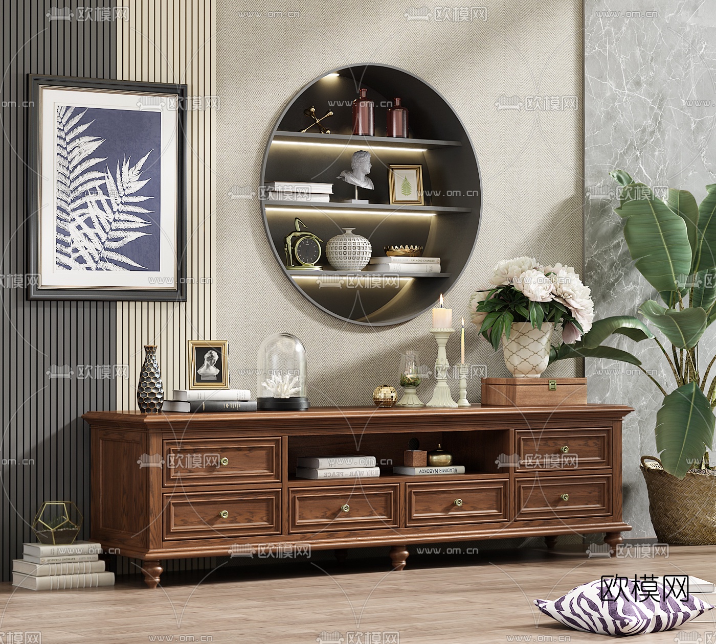 美式原木电视柜3d模型下载