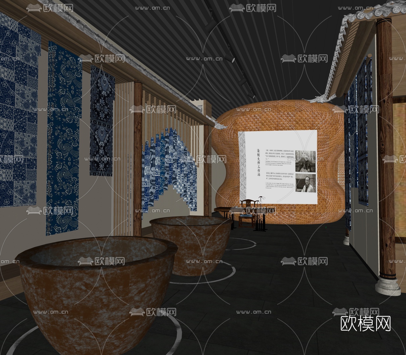 新中式印染布展厅su模型下载（渲染图6）