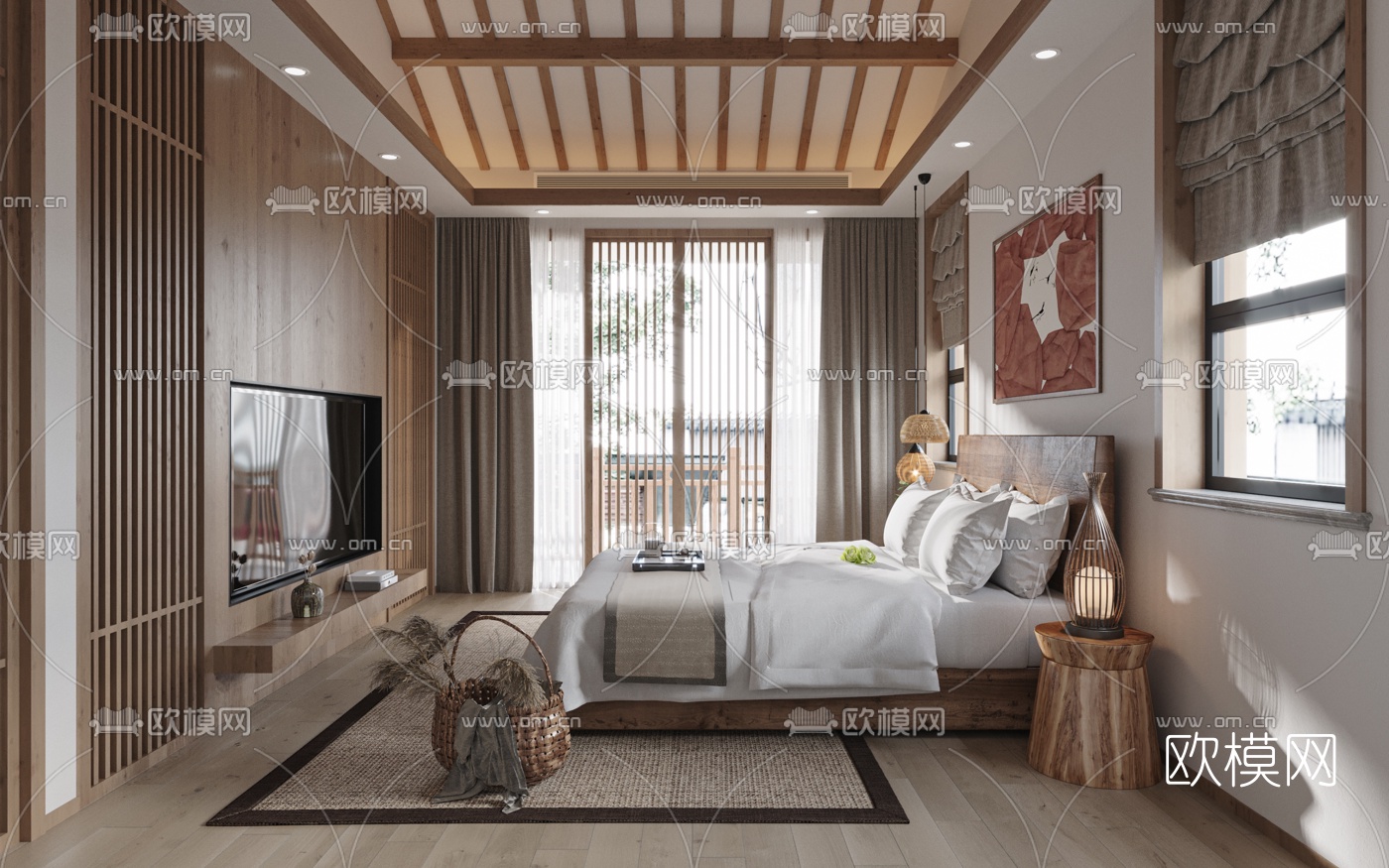 新中式民宿客房su模型下载（渲染图1）