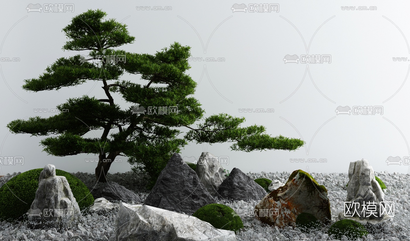 新中式松树假山灌木小品3d模型下载