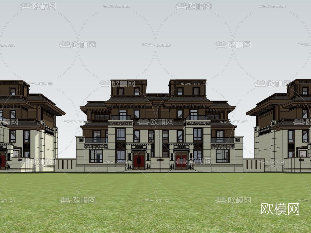 中式连排别墅外观su模型下载（渲染图1）