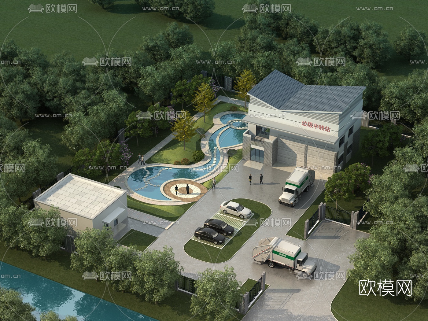 新中式垃圾站鸟瞰3d模型下载