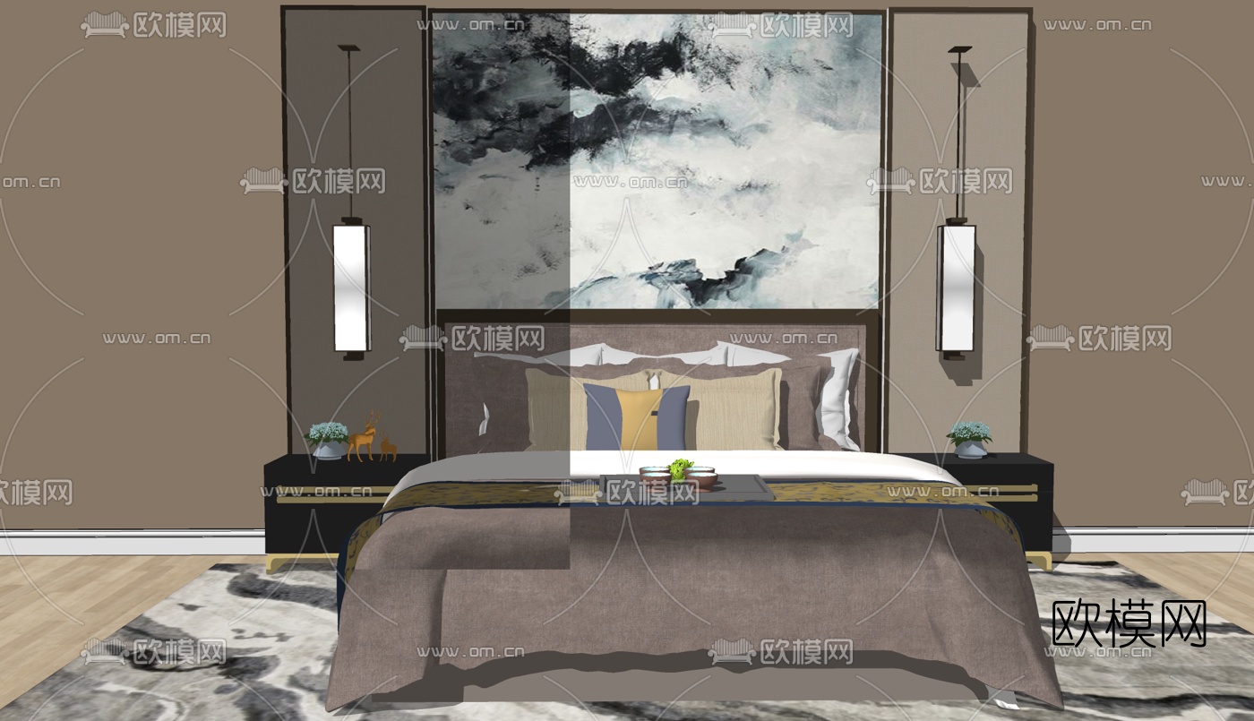 新中式布艺双人床su模型下载