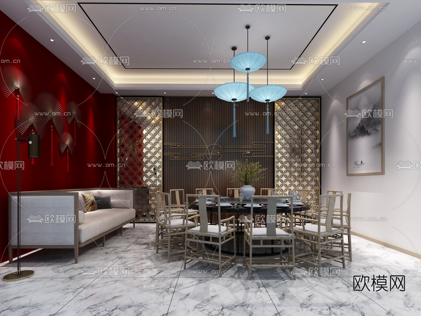 新中式酒楼包间免费3d模型下载