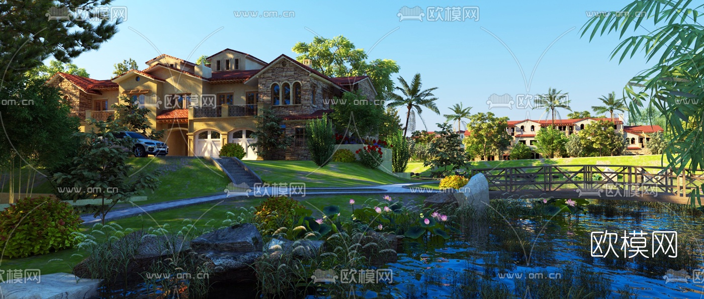 现代别墅小区园林景观3d模型下载
