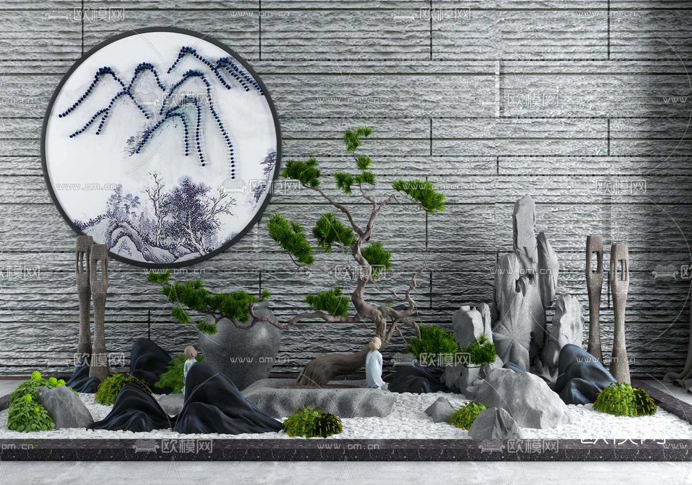 新中式禅意松树假山园艺小品3d模型