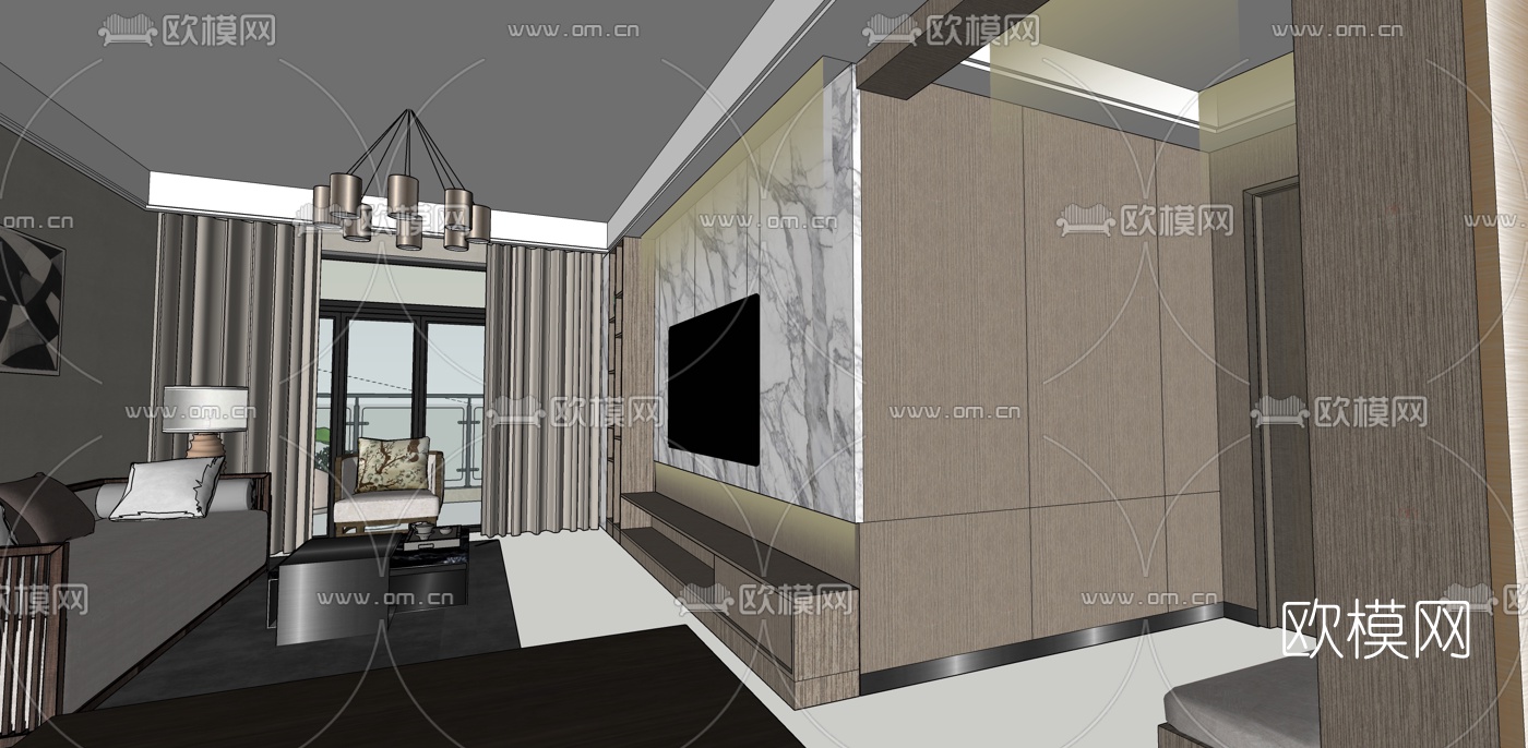 现代公寓客厅su模型下载（渲染图1）
