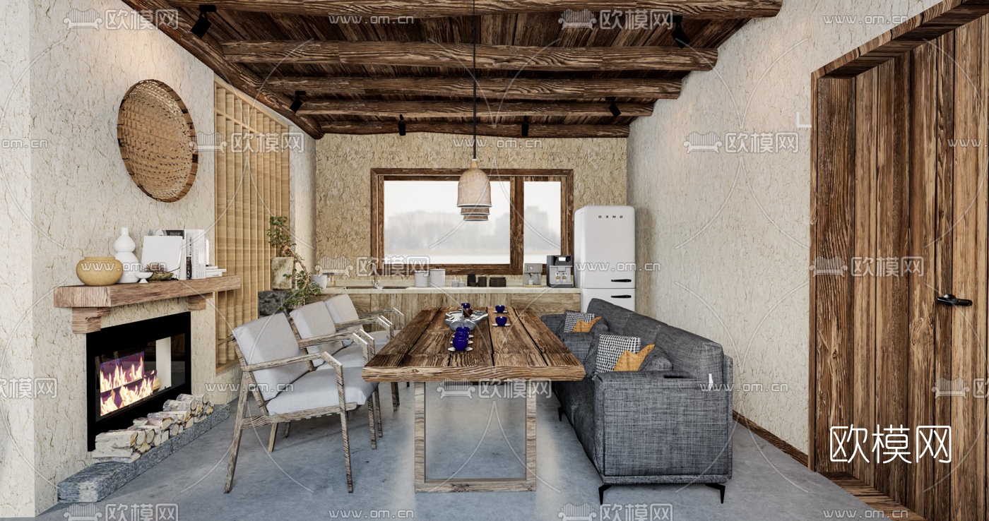 自然风民宿会客厅su模型下载（渲染图1）