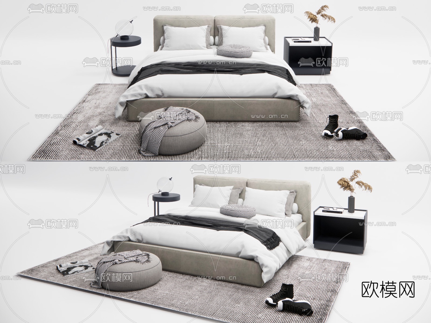 现代布艺双人床su模型下载（渲染图1）