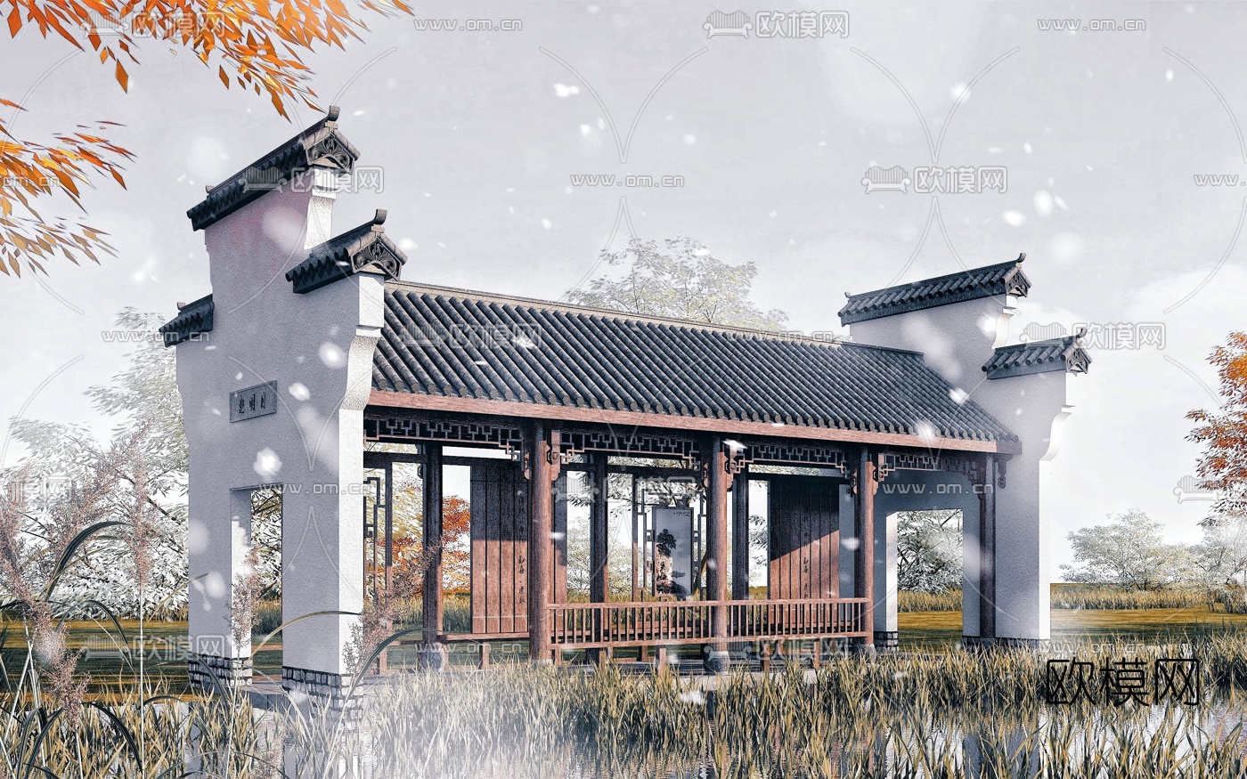 中式观景长廊3d模型