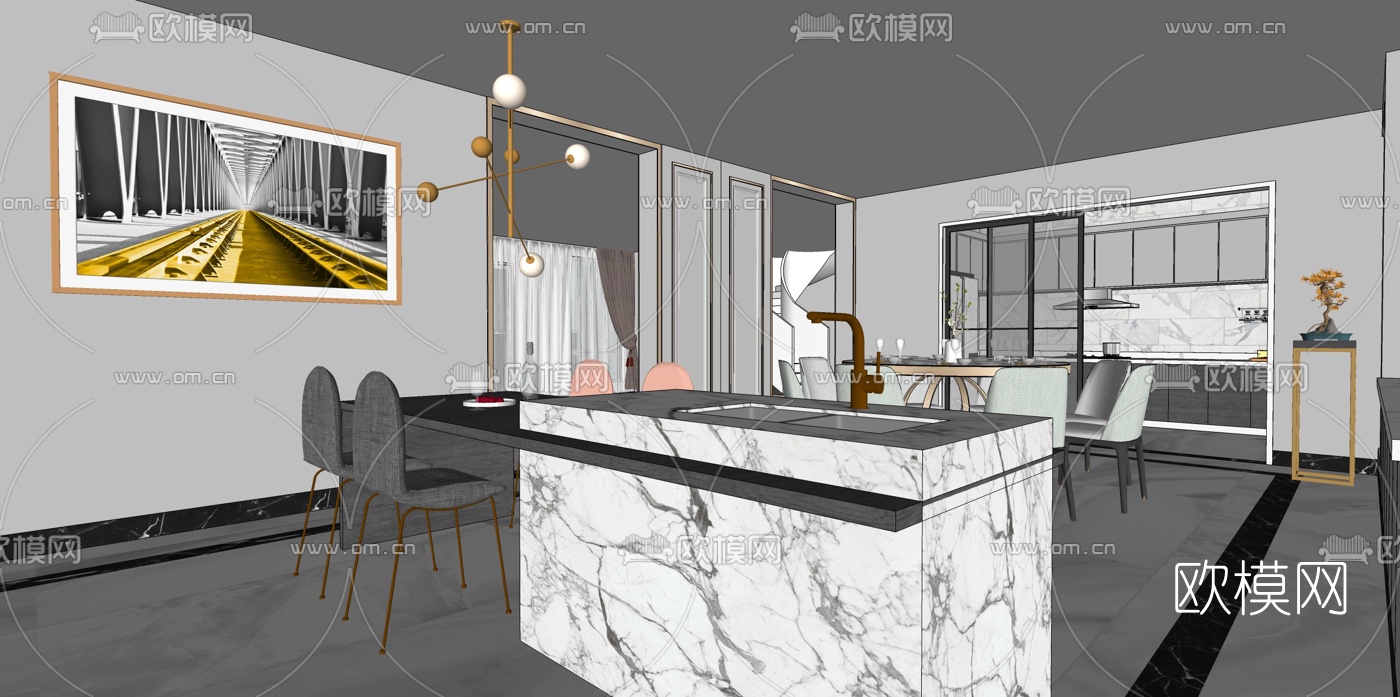 现代轻奢餐厅su模型下载（渲染图2）