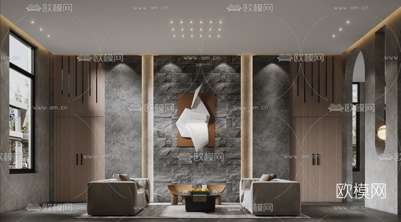 侘寂酒店会所大堂前台中庭休息区3d模型下载（渲染图2）