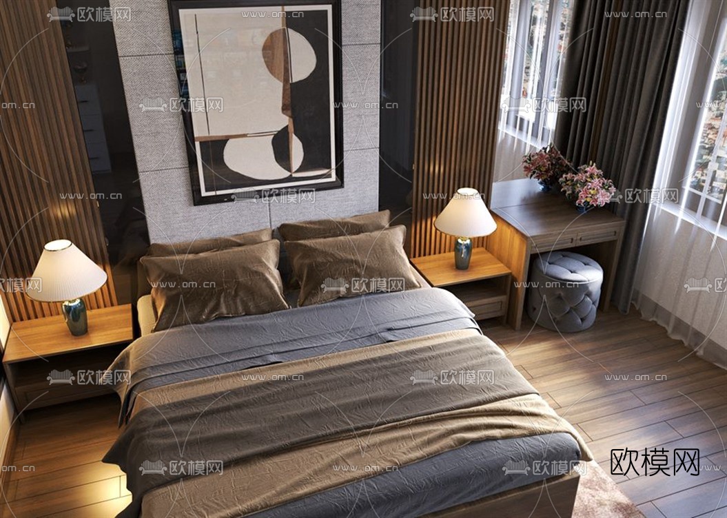 现代主人房卧室su模型下载（渲染图3）