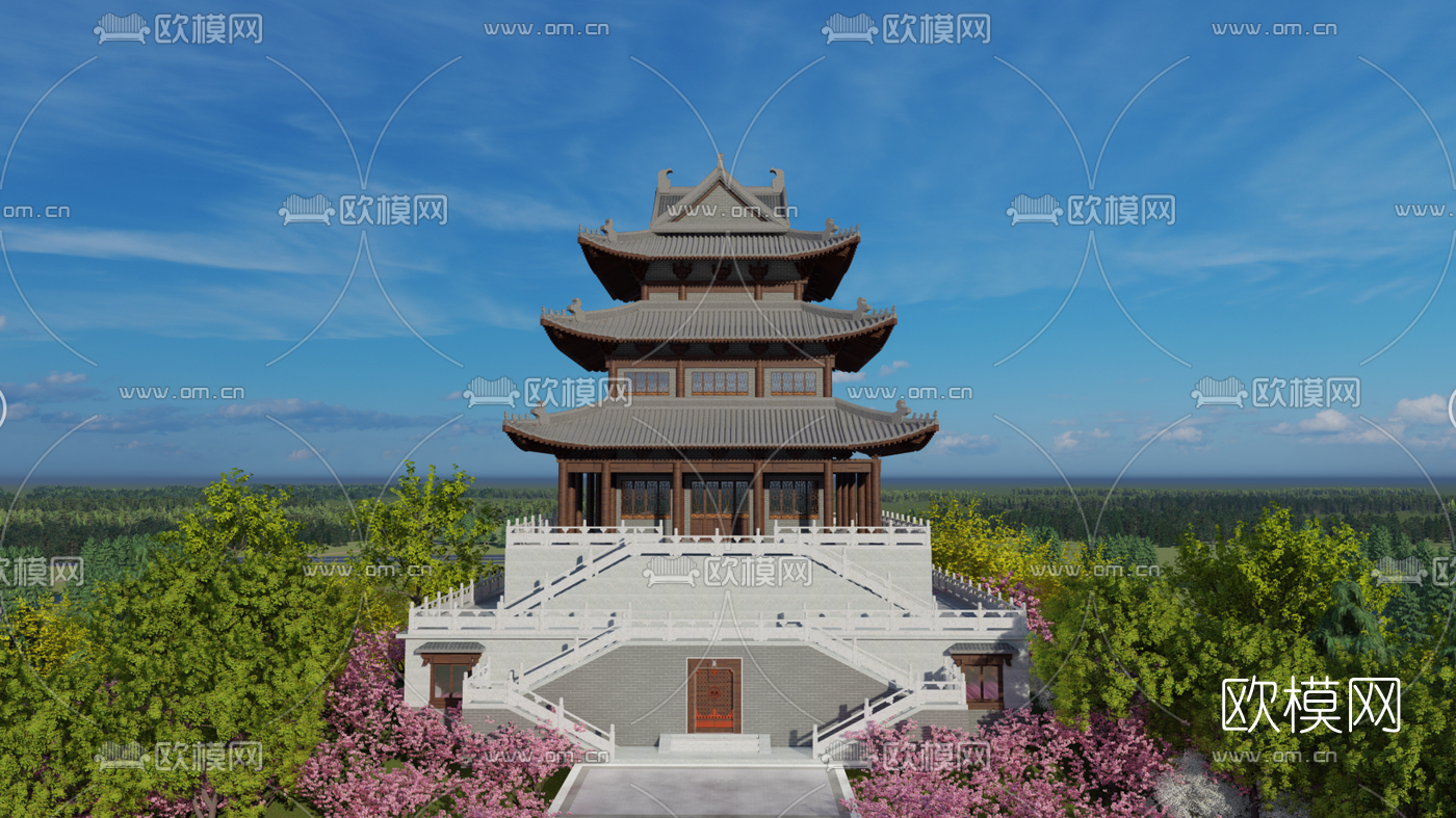 中式古建阁楼su模型-免费3dmax模型库-欧模网
