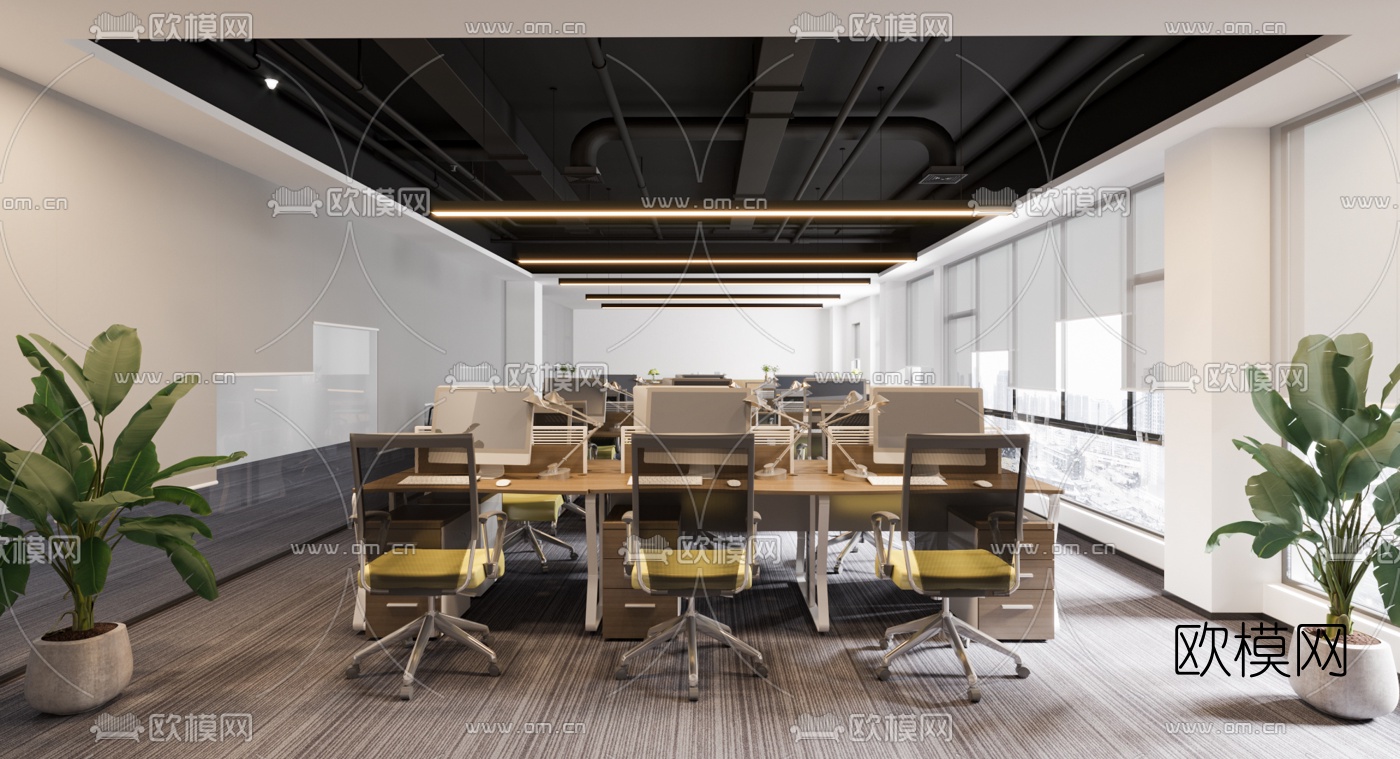 现代敞开式办公室3d模型下载（渲染图1）