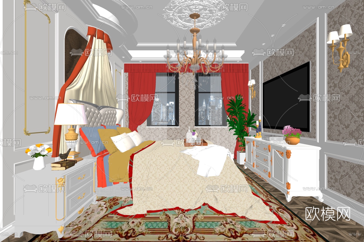 欧式主人房卧室su模型下载