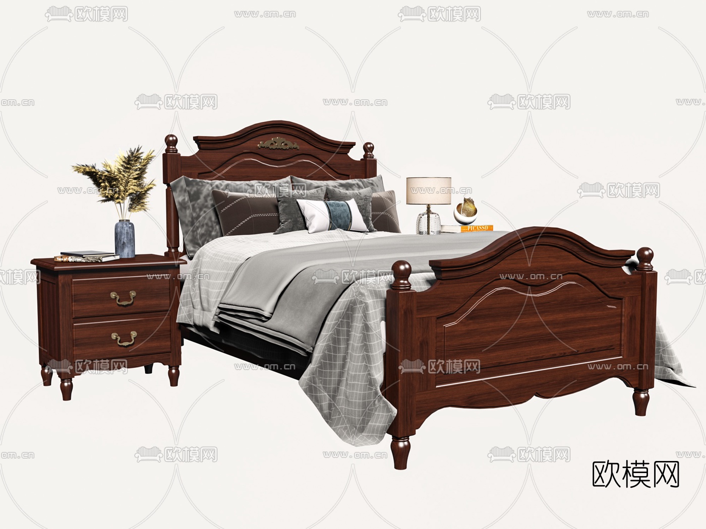 美式实木双人床3d模型下载（渲染图3）