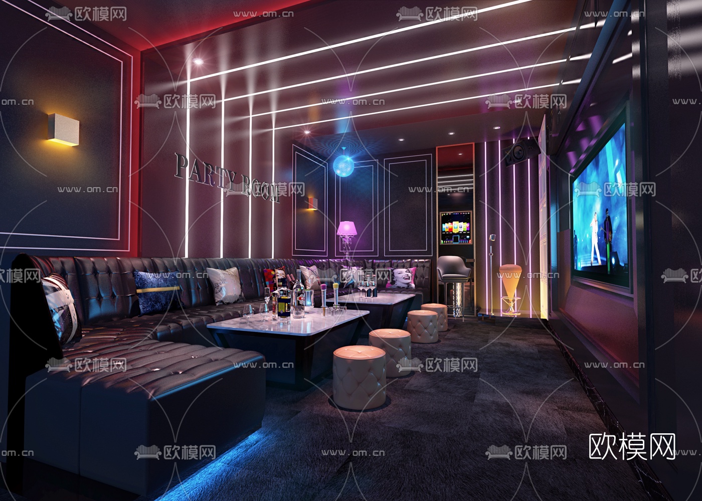 简欧霓虹KTV包房3d模型下载（渲染图1）