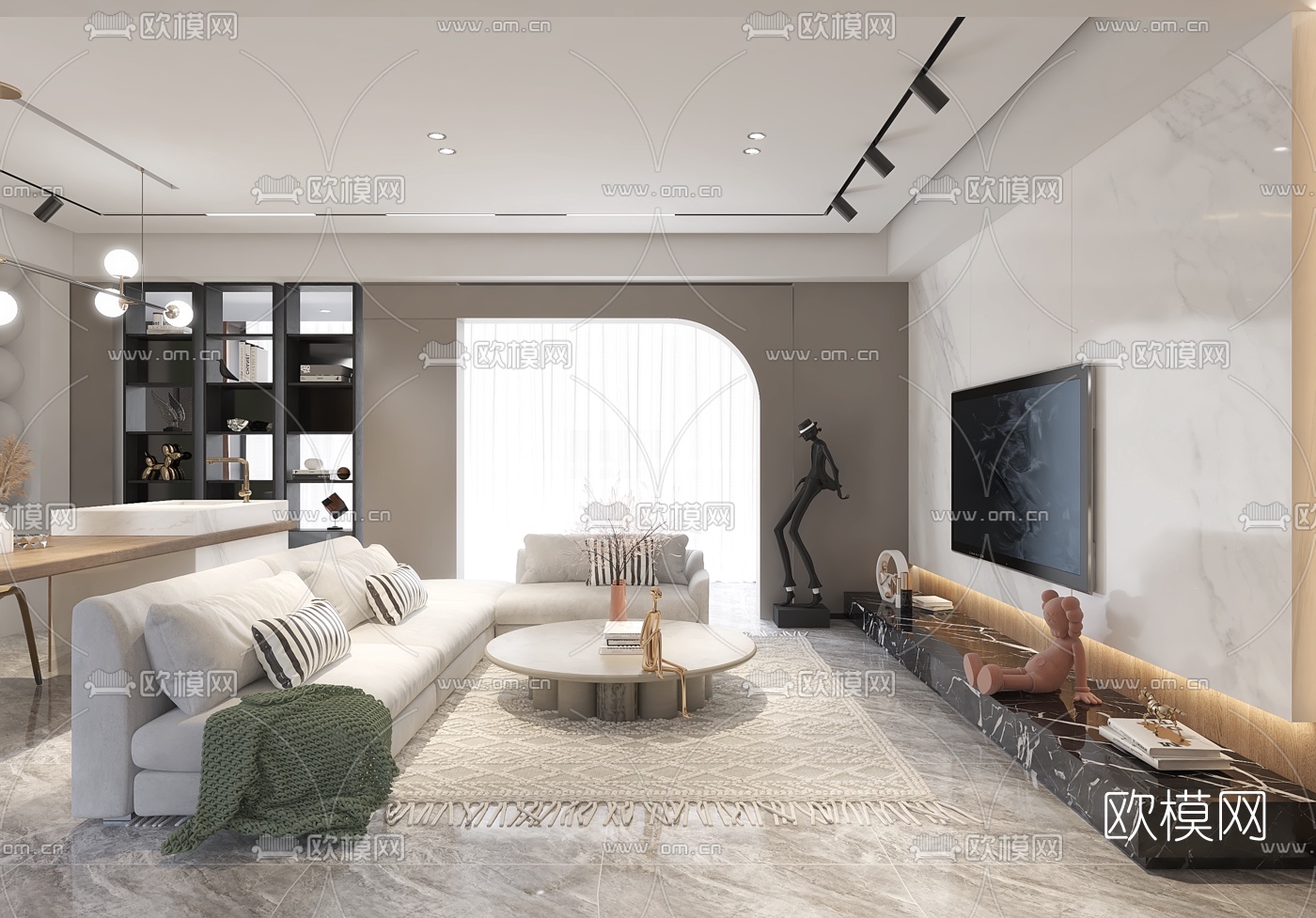 简欧简约客厅餐厅3d模型下载（渲染图2）