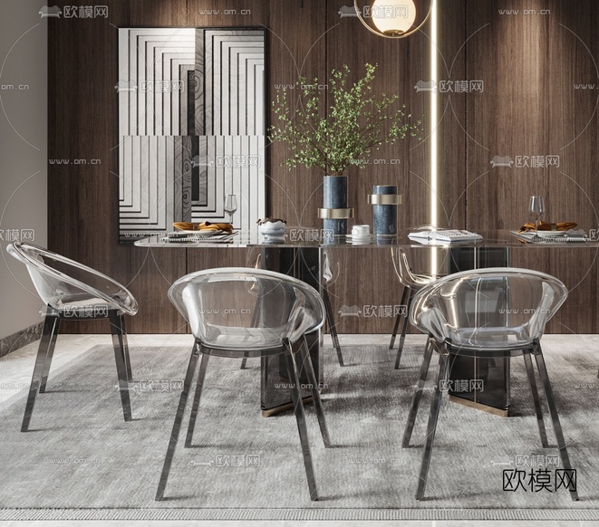 现代亚克力透明餐桌椅3d模型下载(渲染图2)