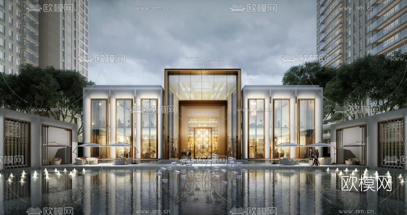 新中式售楼处外观su模型下载（渲染图1）