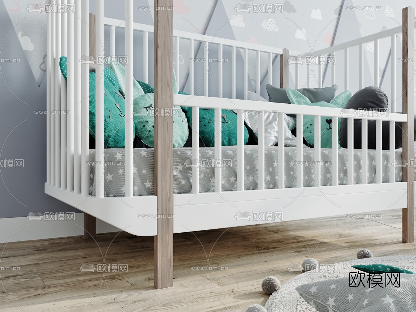 现代儿童床婴儿床3d模型下载（渲染图4）