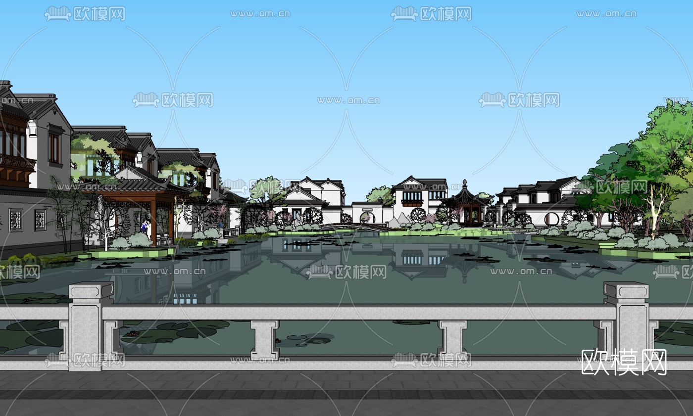 中式江南别墅外观su模型下载（渲染图3）