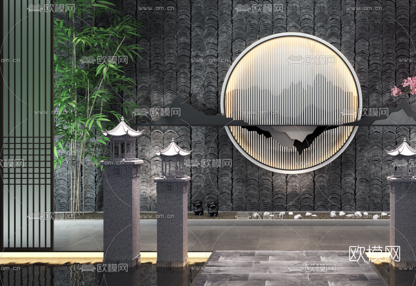 新中式雕塑竹子园艺小品3d模型下载（渲染图2）