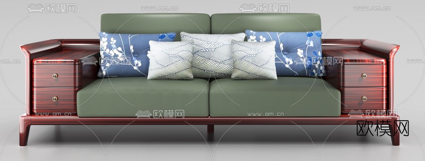 新中式实木双人沙发3d模型下载（渲染图2）