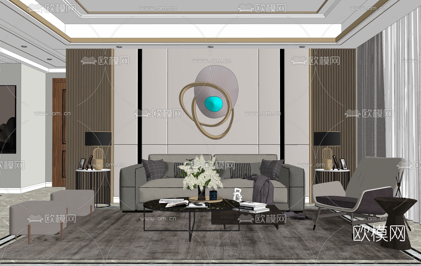 现代轻奢客厅su模型