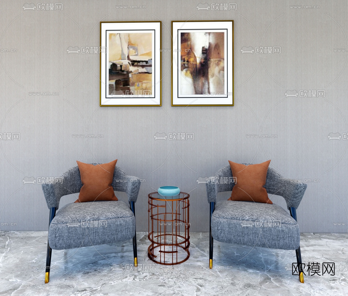 新中式布艺休闲椅su模型下载（渲染图2）