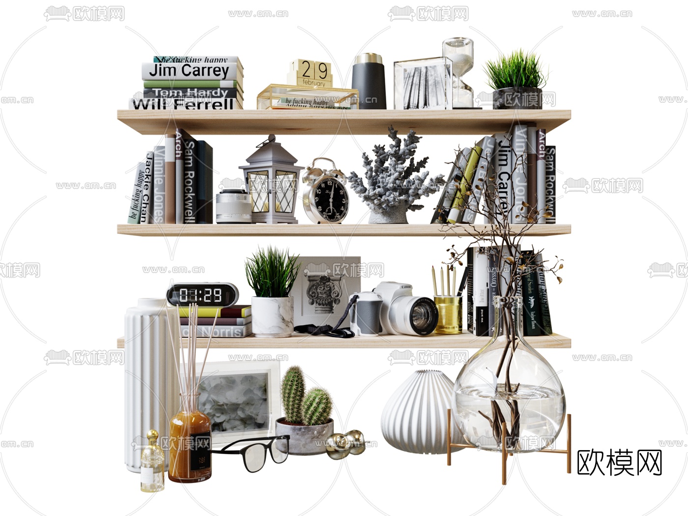 现代花瓶盆栽书籍摆件3d模型下载