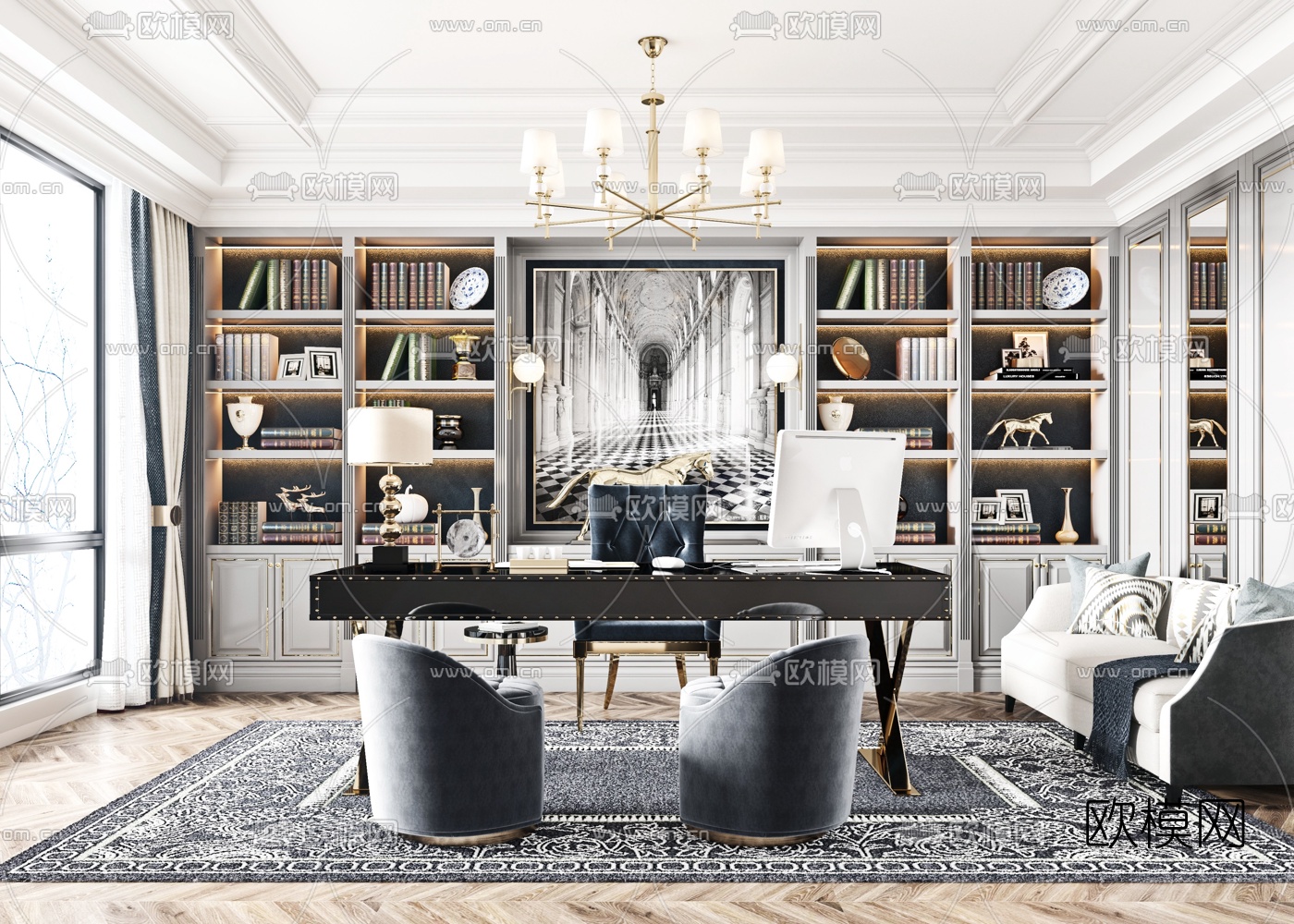 美式书房3d模型下载