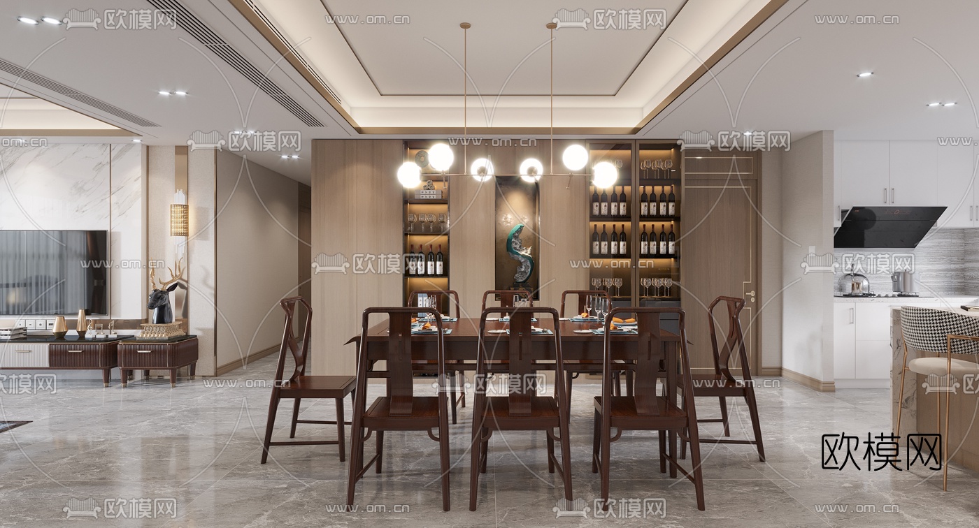 新中式轻奢客厅餐厅3d模型