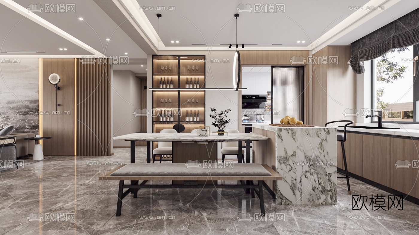 现代轻奢客厅餐厅3d模型