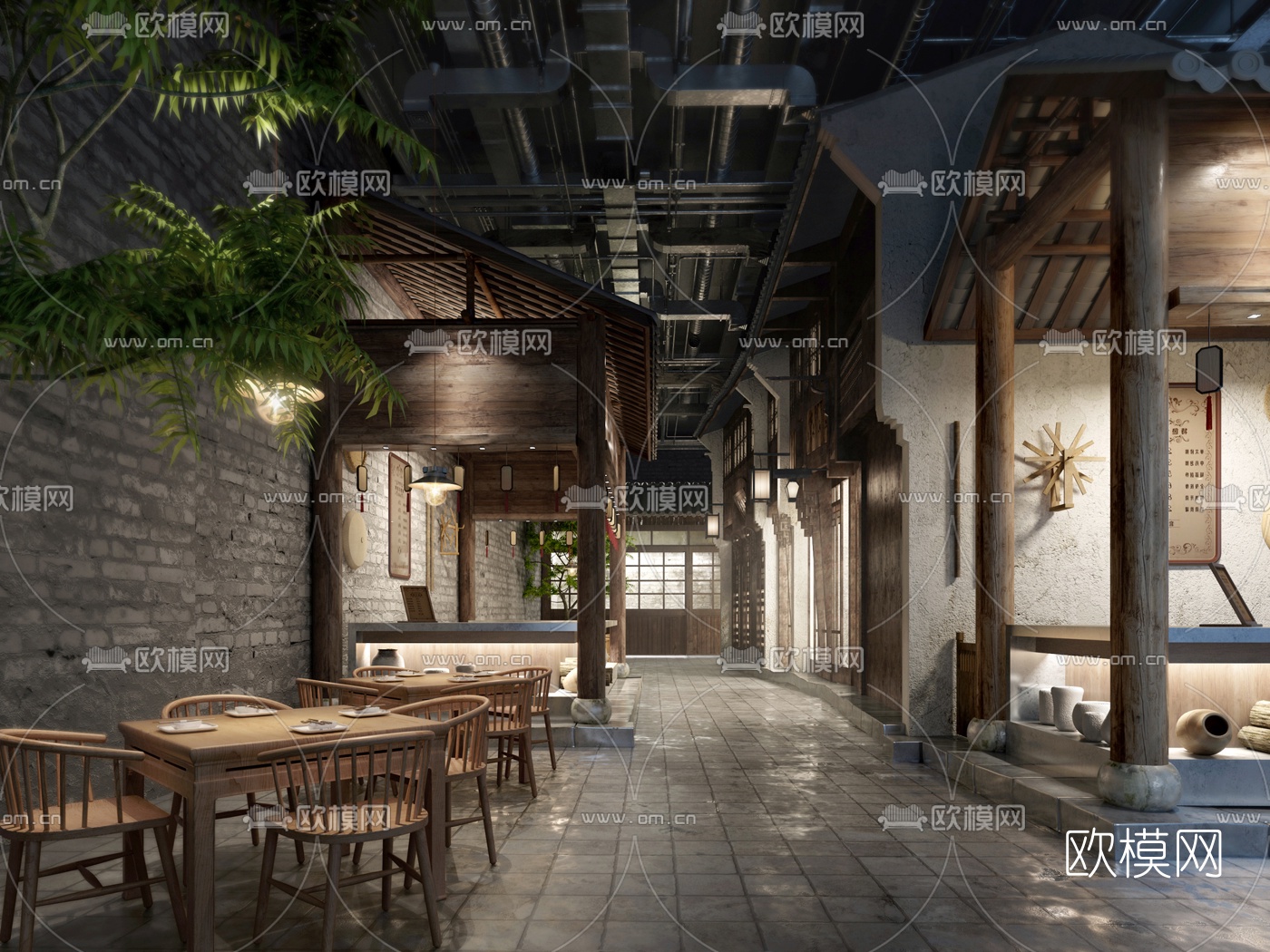 自然风民宿大堂走廊3d模型