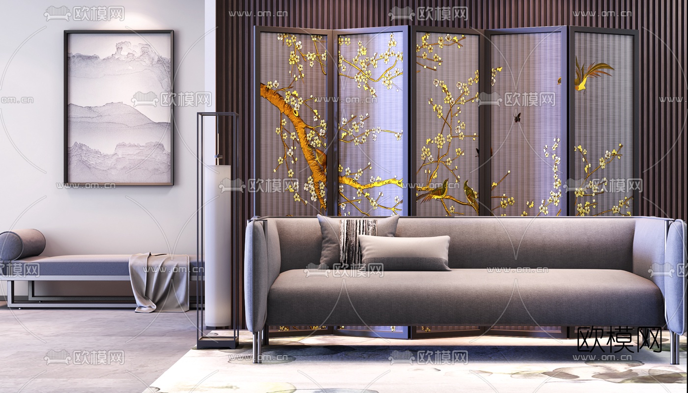 新中式屏风多人沙发3d模型下载