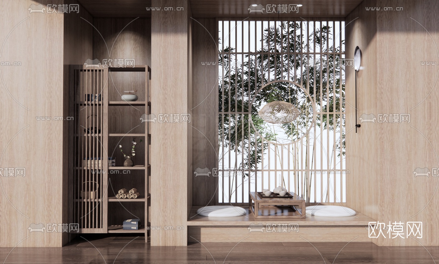 新中式榻榻米茶桌椅su模型下载（渲染图1）